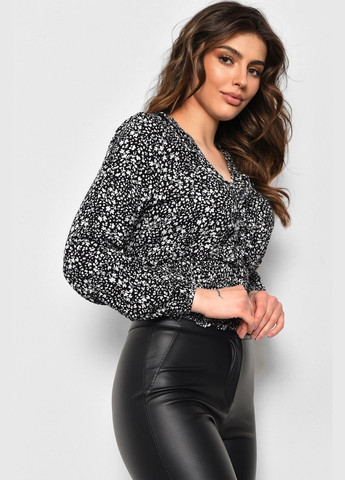 Чорна демісезонна блуза жіноча з принтом чорного кольору з баскою Let's Shop