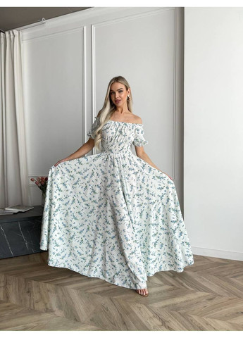 Білосніжна святковий, повсякденний, вечірня, пляжна, кежуал жіноча довга сукня з відкритими плечима Vakko з квітковим принтом