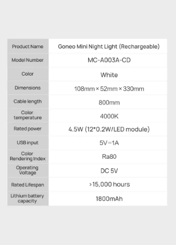 Лампа на прищепке Goneo ML-D004A-FD 4.5W 5V/1A 4000K 108*52*330mm 1800mAh Ra80 white No Brand (322291168)