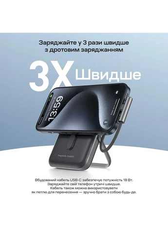 Повербанк 10000mAh B735 Black QC3.0 PD3.0 беспроводная магнитная зарядка, встроенный кабель, подставка (43-00149) CHOETECH (378348530)