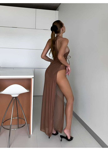 Коричневий літній жіночий літній пляжний комплект купальник і сукня-парео туніка білий роздільний No Brand