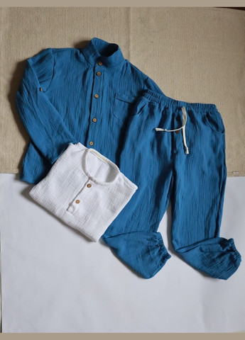 Белый летний детский муслиновый праздничный синий костюм рубашка+брюки с карманами белая футболка с рубашкой, тройка, брючный No Brand