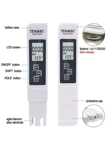 Цифровой тестер качества воды измеритель TDS EC Температура Солемер Минералометр с батарейкой No Brand (341324884)
