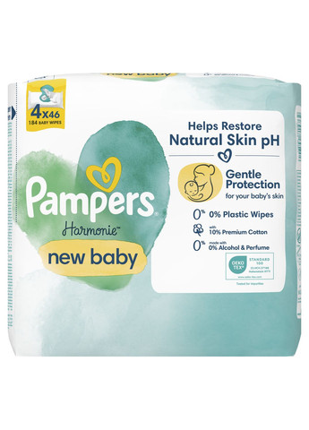 Дитячі вологі серветки Harmonie New Baby, 184 шт. (4 уп. по 46 шт.) Pampers (328200283)
