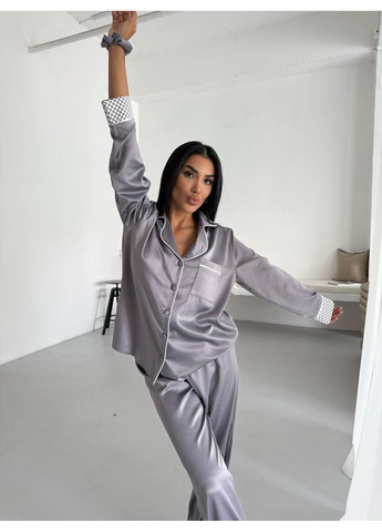 Сіра всесезон жіноча піжама сіра з окантовкою сорочка + брюки Vital-Textile 1292
