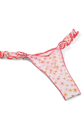 Трусики-стринги кружевные женские с рюшами PINK Wink Flutter Thong Panty белые Victoria's Secret (393593519)