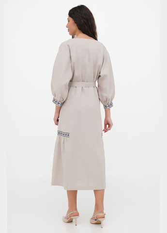 Сіра святкова лляна вишита сукня міді з геометричним орнаментом та з поясом моріка., р., код 0410/52/394 ГАЛЕРЕЯ ЛЬОНУ