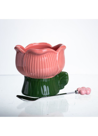 Чаша фарфоровая для мороженого в форме тюльпана с ложкой 300 мл, зеленая с розовым Yiwu FM-42GR No Brand (368641564)