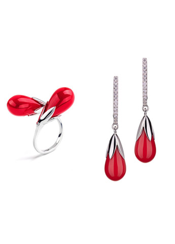 Срібний комплект прикрас 925 проби з коралом і блискучим кубічним цирконієм — для жінок, які обирають яскравість у деталях ✨ Family Jewelry House (356567810)