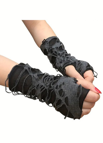 Перчатки без пальцев дырявые митенки в готическом стиле черно-серые Fashion (328456974)