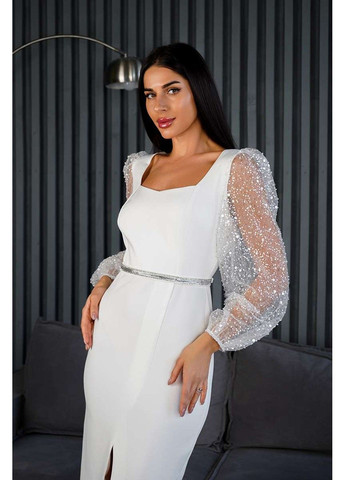 Молочна коктейльна сукня бісерні рукави 24084 молочна Tanita-Romario
