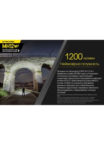 Ліхтар MH12 V2 (Сree XP-L2 V6, 1200 люмен, 7 режимів, 1х21700, 1х18650, USB Type-C, IP68, дальність 202 м) Nitecore (394232906)