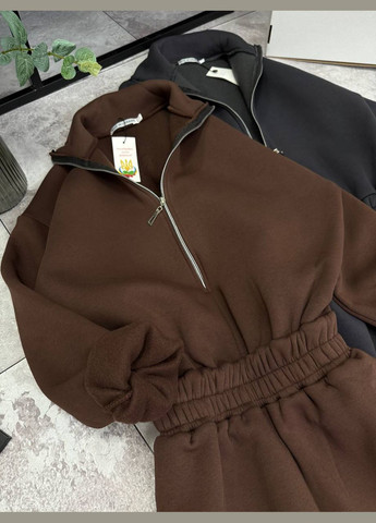 Теплый качественный комбинезон в стиле оверсайз Adelante комбинезон-брюки однотонный коричневый повседневный флис, трехнитка