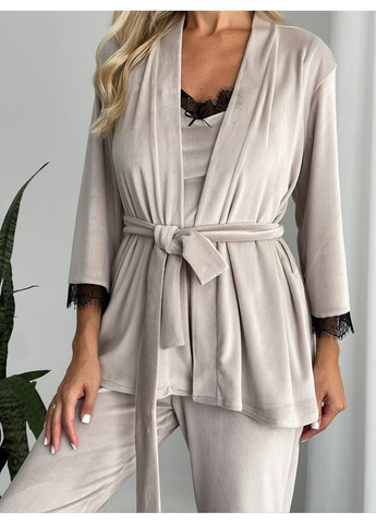 Бежевий демісезонний комплект трійка піжама домашня,трикотаж велюр,штани,майка,халат,з мереживом Україна