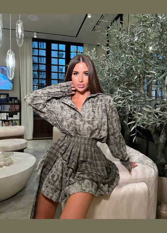 Оливкова (хакі) повсякденний, кежуал сукня в клітинку меланж дзвін No Brand в клітинку