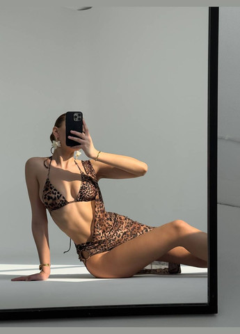 Коричневий літній трендовий купальник трійка з тунікою на одне плече роздільний Vakko