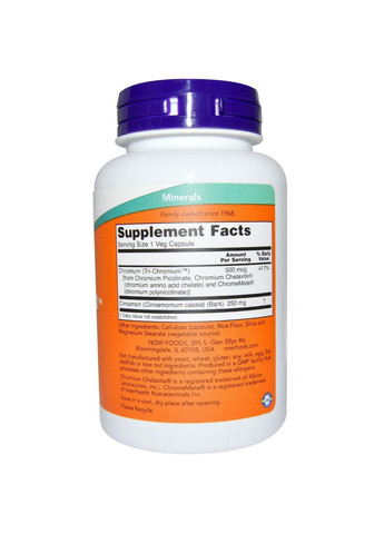 Хром, Tri-Chromium,, 500 мкг, 180 капсул Now Foods (366734525)
