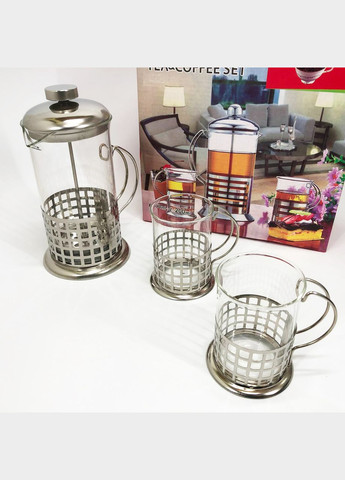 Пресс заварник из жаропрочного боросиликатного стекла UN-1155 0.6 л + 2 чашки Френч-пресс для кофе Unique (364663709)