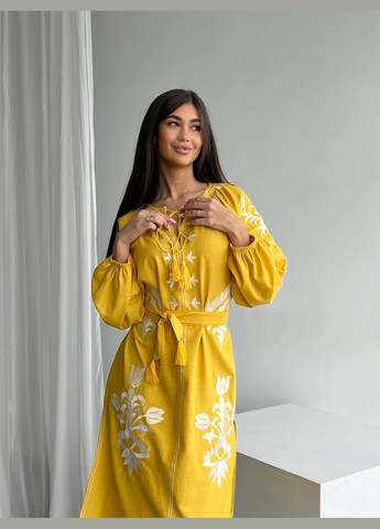 Желтое повседневный, праздничный, вечернее вышитое платье на запах Garna с орнаментом