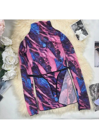 Темно-фиолетовый демисезонный элегантный трендовый пеньюар тай-дай с абстрактной аппликацией и стрингами в комплекте, сетчатый разноцветный No Brand пеньюар Тай-Дай вогонь