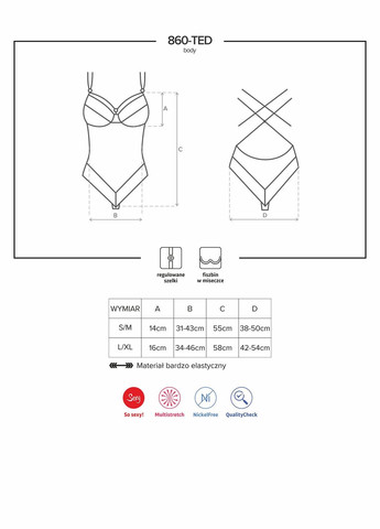 Боді з напівпрозорої тканини, з мереживом візерунками 860-TED-1, чорний, Obsessive (331169119)