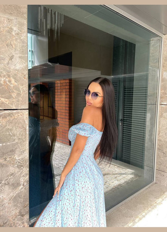 Блакитна красива блакитна літня сукня в квіточку з коротким рукавом і розрізом на нозі No Brand з квітковим принтом