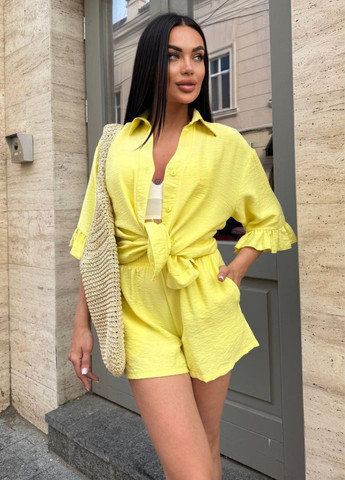 Вишуканий легкий літній повсякденний костюм двійка: сорочка з рюшами + шорти Allthings (344448200)