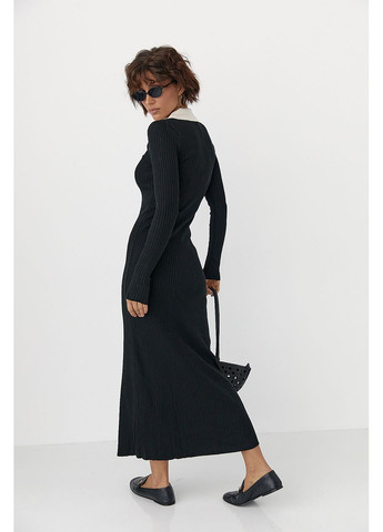 Черное повседневный, деловое, кэжуал длинное трикотажное платье-поло в рубчик No Brand однотонное