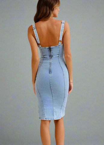 Голубое стрейчевое женское платье-сарафан с молнией на декольте No Brand