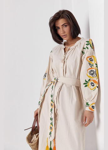 Бежева вишита сукня контраст сіра бавовна Delvinss з квітковим принтом