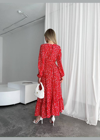 Красное кэжуал женское легкое платье миди клеш Україна с цветочным принтом