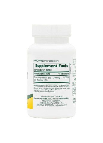 Вітаміни та мінерали Vitamin B1 300 mg, 90 таблеток Natures Plus (293338229)