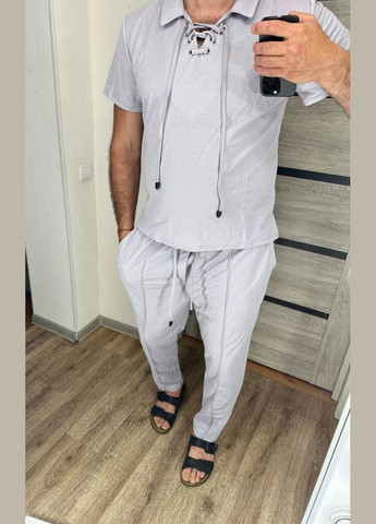 Серый демисезонный мужской льняной костюм оливкового цвета New Trend