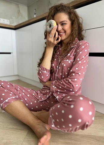 Пудрова всесезон піжама в горох стильний домашній костюм сорочка + брюки No Brand