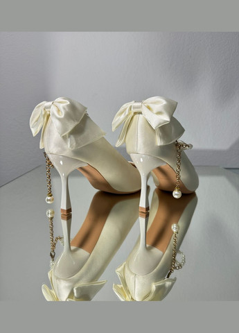 No Brand Весільні жіночі туфлі для нареченої з бантами на п'ятці + ремінець перли 8 см - Білий колір білий з текстиль, — літо (322414644)