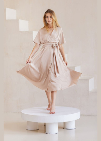 Бежева вечірня плаття а-силует, з спідницею-сонце, на запах FashionYouWant однотонна