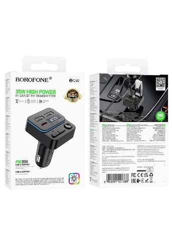 Автомобільний зарядний пристрій (АЗУ) з FM-модулятором BC60 Hero 35W(1A1C) Bluetooth FM трансмітер Чорний Borofone (388141442)