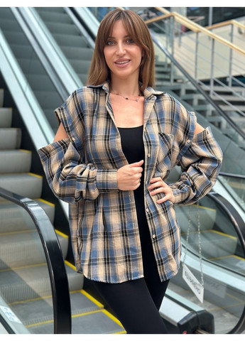 Жіноча сорочка в клітинку зі зйомними рукавами Блакитний/Капучино Maybel (351356661)