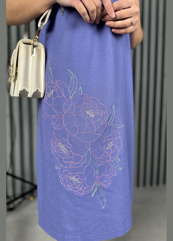 Синее повседневный, кэжуал очаровательное изящное льняное платье с вышивкой INNOE однотонное