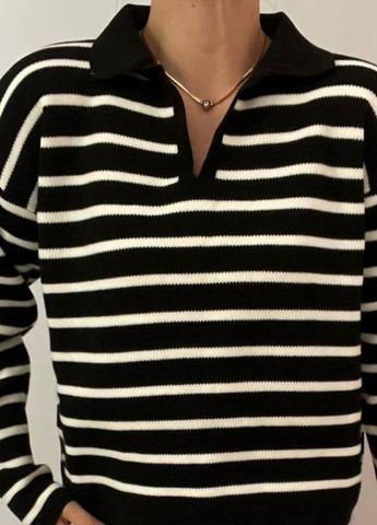 Черный демисезонный женский свитер «поло» в полоску пуловер Україна