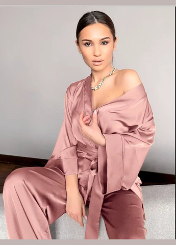 Пудрова всесезон жіноча атласна піжама на запах у стилі кімоно – пудра (піж-шов-кімо-пудр) Vakko