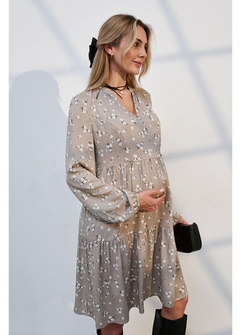 Сіро-бежева вишукана сукня для вагітних та годуючих з квітковим принтом бежева Юла мама з квітковим принтом