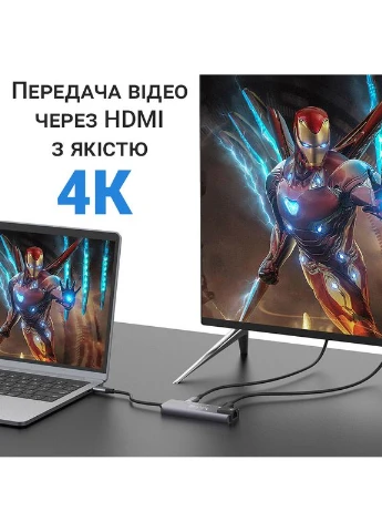 Багатофункціональний USB Type-C хаб / розгалужувач MH-09, концентратор 5в1: 2 x USB 3,0 + Type-C + HDMI + Ethernet 100mbps Addap (375460547)