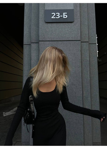 Чорна вечірня, кежуал стильна жіноча сукня міді з довгими рукавами Україна однотонна