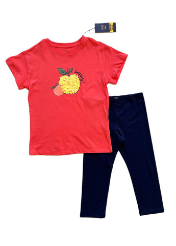 Кораловий літній комплект костюм для дівчинки футболка коралова з яблуком + велосипедки темно-сині 2000-46 (140 см) OVS