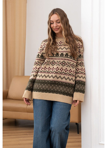 Бежевый женский теплый шерстяной свитер шафран с орнаментом беж с зеленым You Best