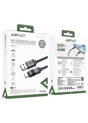 Кабель C15-04 USB-A to USB-C цинковый сплав цифровой дисплей плетеный кабель для зарядки и передачи данных Черный Acefast (388967524)