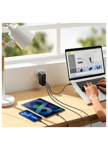 Зарядное устройство 2xUSB-C 140W + 1xUSB GaN + cable USB-C to USB-C black (CCGP100201) Baseus 2xUSB-C 140W + 1xUSB GaN + cable USB-C to USB-C bl (370016406)
