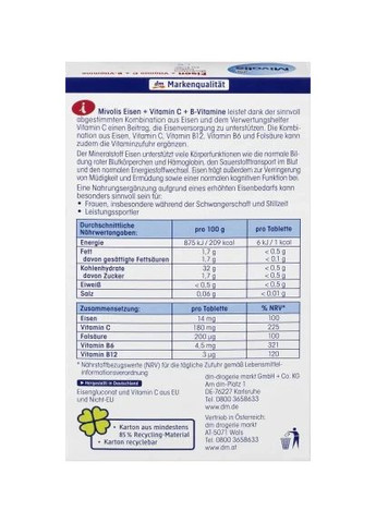 Комплекс железо + витамин С + витамин В Eisen + Vitamin C + B-Vitamine, Tabletten, 40 St., 25 g Mivolis (366569455)