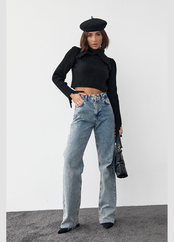 Черный зимний укороченный свитер с рельефной горловиной и рукавами - черный Lurex